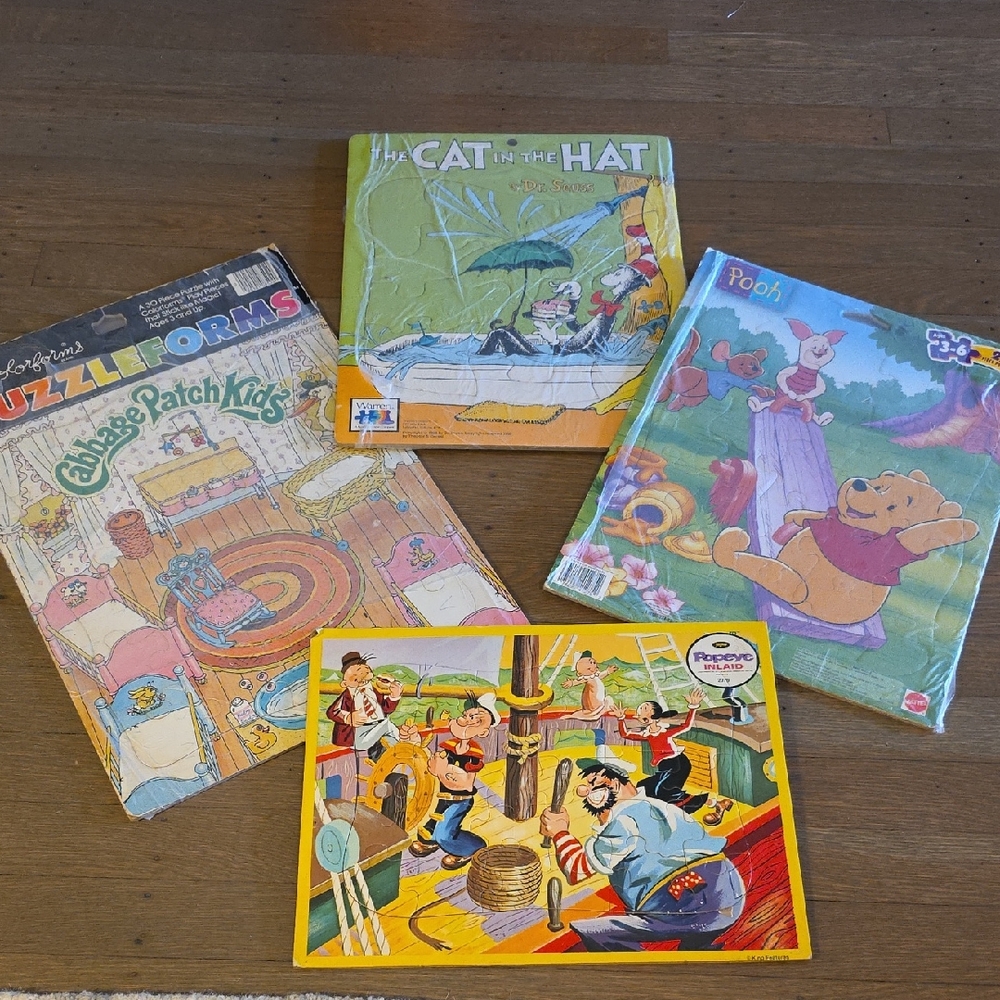 Vintage Puzzles Lot Of 4- Popeye/ Pooh/ Dr.Seuss/ Cabbage Patch Kids